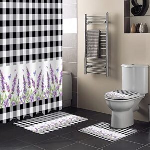 YESOF66 4PCS Bathroom Mat Sets,Purple Lavender with Black White Buffalo Plaid Bathroom Decor Shower Curtain Bath Mat Non-Slip Toilet Seat Cover Bathroom Mat 72x72in&Large Rugs