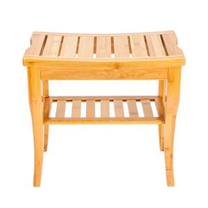 bamboo shower bench spa stool, 2-tier shower seat bench , foot rest shaving stool with non-slip feet storage shelf organizer for bathroom, living room, bedroom and garden decor
