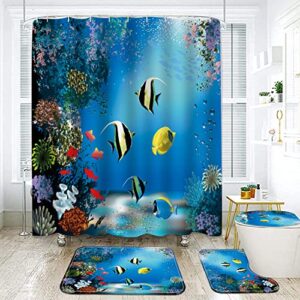 RLHHUG Sea World Shower Curtain Sets with Rugs, Plastic Curtain 72x72 Inches for Bathroom Decor, Washable Decorative Curtains with Hooks, Bath Mat, Toilet Contour Mat and Lid Cover