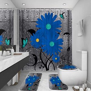 alexex 4pcs blue daisy shower curtain sets with non-slip rugs, toilet lid cover and bath mat, floral butterfly bathroom decor set accessories waterproof shower curtains with 12 hooks, 72 x 72 inch