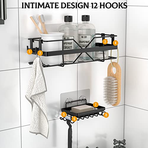 Bathroom Shower Organizer, YASONIC 2-Pack Strong Adhesive Shower Caddy with Soap Holder and 8 Hooks, No Drilling Wall Mounted Rustproof Stainless Steel Shower Shelf, for Inside Shower, Bathroom, Black