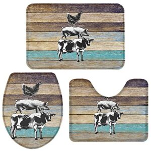 3 piece bathroom rugs sets cow pig rooster farmhouse animal non-slip toilet lid cover for bathroom wooden board absorbent contour mat with rubber backing floor mats for shower large