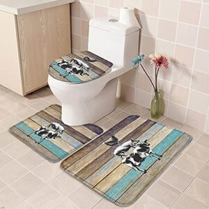 3 Piece Bathroom Rugs Sets Cow Pig Rooster Farmhouse Animal Non-Slip Toilet Lid Cover for Bathroom Wooden Board Absorbent Contour Mat with Rubber Backing Floor Mats for Shower Large
