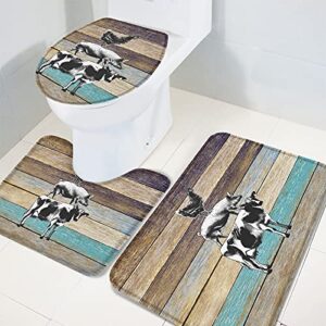 3 Piece Bathroom Rugs Sets Cow Pig Rooster Farmhouse Animal Non-Slip Toilet Lid Cover for Bathroom Wooden Board Absorbent Contour Mat with Rubber Backing Floor Mats for Shower Large