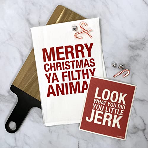 RubiaRojo Holiday Kitchen Towel – Merry Christmas Ya Filthy Animal – White Flour Sack Hand Towel