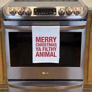 RubiaRojo Holiday Kitchen Towel – Merry Christmas Ya Filthy Animal – White Flour Sack Hand Towel