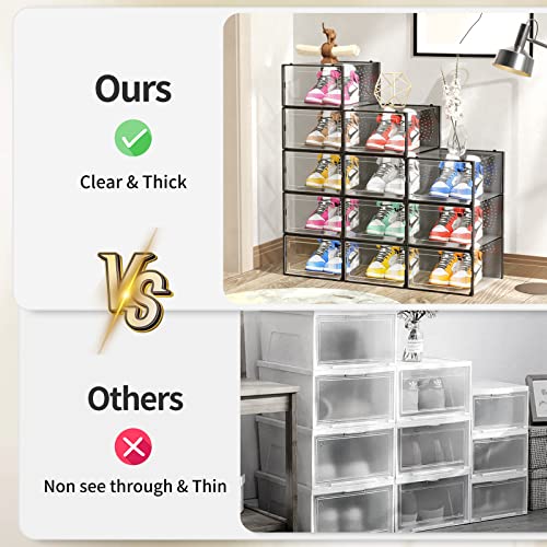 BVBOX Large Shoe Boxes Clear Plastic Stackable, 12 Pack Shoe Storage Boxes With Magnetic Door， Ventilation Design Drop Front Shoe Box, Dust-Proof Shoe Organizer