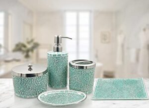 lushaccents bathroom accessories set, 5-piece decorative glass bathroom accessories set, soap dispenser, soap tray, vanity tray, jar, toothbrush holder, elegant seafoam green mosaic glass