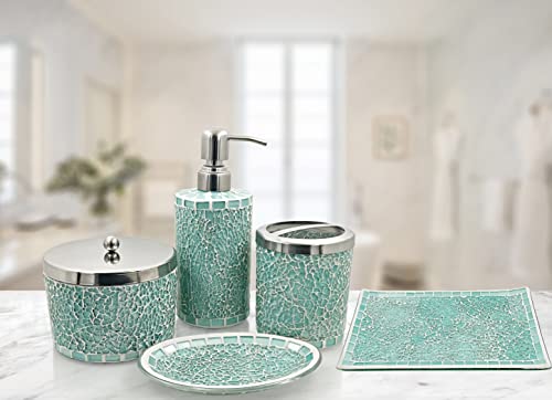 LushAccents Bathroom Accessories Set, 5-Piece Decorative Glass Bathroom Accessories Set, Soap Dispenser, Soap Tray, Vanity Tray, Jar, Toothbrush Holder, Elegant Seafoam Green Mosaic Glass