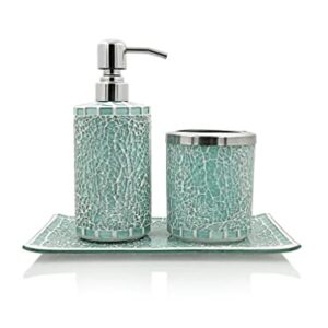 LushAccents Bathroom Accessories Set, 5-Piece Decorative Glass Bathroom Accessories Set, Soap Dispenser, Soap Tray, Vanity Tray, Jar, Toothbrush Holder, Elegant Seafoam Green Mosaic Glass