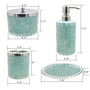 LushAccents Bathroom Accessories Set, 5-Piece Decorative Glass Bathroom Accessories Set, Soap Dispenser, Soap Tray, Vanity Tray, Jar, Toothbrush Holder, Elegant Seafoam Green Mosaic Glass