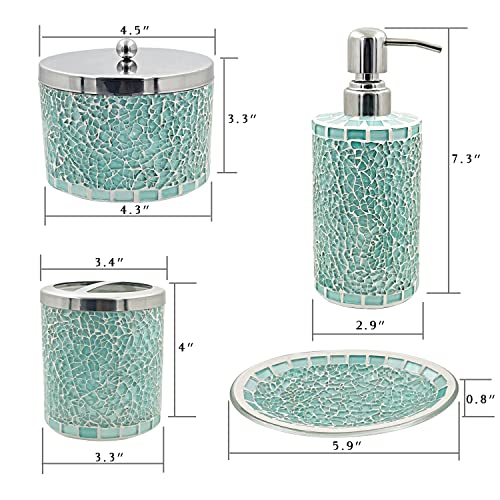 LushAccents Bathroom Accessories Set, 5-Piece Decorative Glass Bathroom Accessories Set, Soap Dispenser, Soap Tray, Vanity Tray, Jar, Toothbrush Holder, Elegant Seafoam Green Mosaic Glass