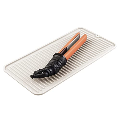 mDesign Silicone Heat-Resistant Hair Care Styling Tool Mat for Curling or Flat Irons, Straighteners on Bathroom Countertop, Raised Edges, Non-Slip, Waterproof, Small, Linelle Collection, Cream