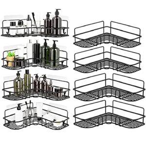 benzoyl adhesive corner shower caddy shelf, no drilling rustproof bathroom basket with movable hooks, shower shelf wall mounted organizer for bathroom, toilet, kitchen, dorm, 8 pack, black