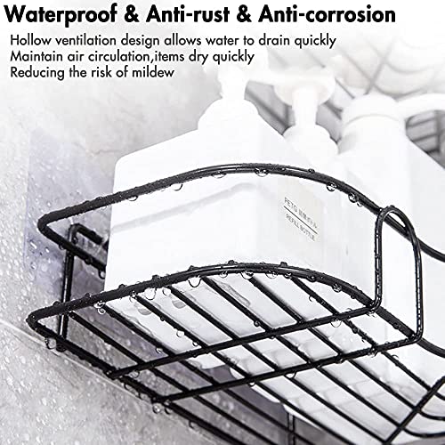 Benzoyl Adhesive Corner Shower Caddy Shelf, No Drilling Rustproof Bathroom Basket with Movable Hooks, Shower Shelf Wall Mounted Organizer for Bathroom, Toilet, Kitchen, Dorm, 8 Pack, Black