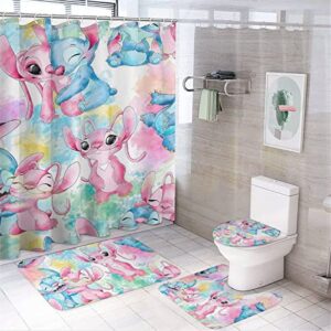 fmsnupz Cartoon Shower Curtain 4PCS Set, Cute Bathroom Decor with Non-Slip Rugs, Toilet Lid Cover and Bath Mat, Waterproof Fabric Shower Curtains with 12 Hooks, 70.8"x70.8"