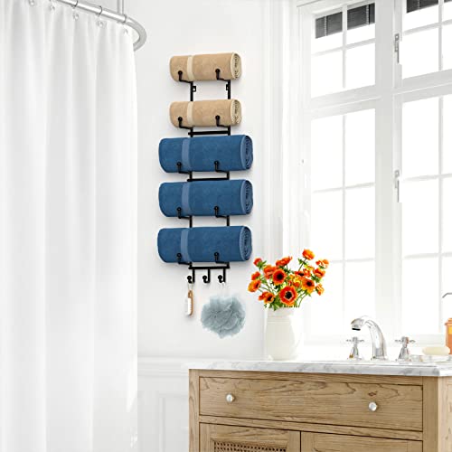 AITEE Towel Rack Wall Mounted, Towel Rack Holder Organizer with Hooks for Hanging Bath Balls, Towel Shelf Holder Storage with 6 Compartments for Bathroom Hand Towels, Washcloths