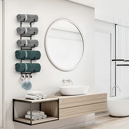 AITEE Towel Rack Wall Mounted, Towel Rack Holder Organizer with Hooks for Hanging Bath Balls, Towel Shelf Holder Storage with 6 Compartments for Bathroom Hand Towels, Washcloths