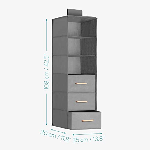 Navaris Hanging Closet Organizer with Drawers - Storage with 6 Shelves and 3 Drawers with Wood Handles - Clothes Organization for Dorm Room, College