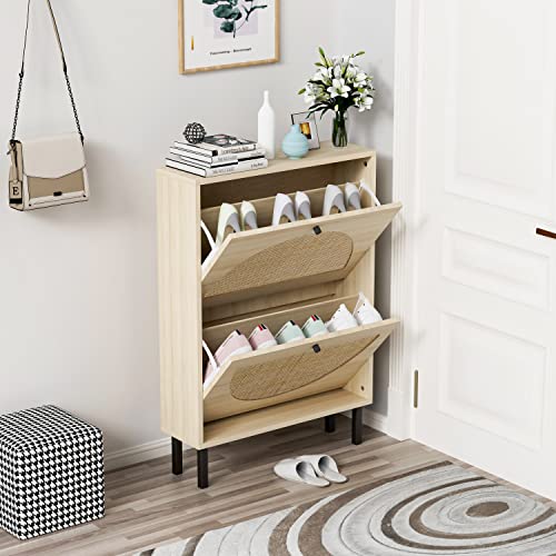 HomVent Rattan Shoe Cabinet with 2 Flip Drawers, Freestanding Rattan Shoe Organizer Hidden Shoe Storage Cabinet, Rustic Wood Entryway Shoe Rack for Entryway, Living Room (2 Drawers, Rattan)