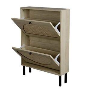 HomVent Rattan Shoe Cabinet with 2 Flip Drawers, Freestanding Rattan Shoe Organizer Hidden Shoe Storage Cabinet, Rustic Wood Entryway Shoe Rack for Entryway, Living Room (2 Drawers, Rattan)