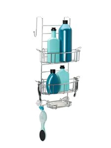 zenna home hanging shower caddy, over the door, rust resistant, with 2 storage baskets, soap dish, razor holders and hooks, bathroom or kitchen shelf organizer, no drilling, chrome