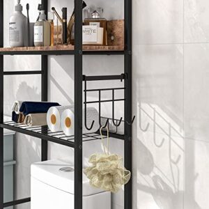 HOJINLINERO Over The Toilet Storage Shelf, 4-Tier Bathroom Over The Toilet Organizer Rack with 4 Hooks, Bathroom Shelf for Bathroom, Space Saver, Metal Frame, Rustic Brown