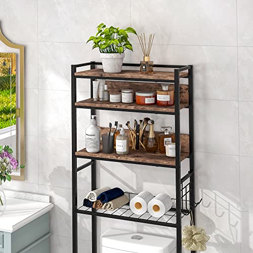 HOJINLINERO Over The Toilet Storage Shelf, 4-Tier Bathroom Over The Toilet Organizer Rack with 4 Hooks, Bathroom Shelf for Bathroom, Space Saver, Metal Frame, Rustic Brown