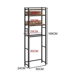 HOJINLINERO Over The Toilet Storage Shelf, 4-Tier Bathroom Over The Toilet Organizer Rack with 4 Hooks, Bathroom Shelf for Bathroom, Space Saver, Metal Frame, Rustic Brown