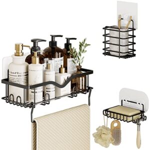 amada homefurnishing shower caddy set, stainless steel shower organizer with strong adhesive, shower shelves with toothbrush holder, soap holder & towel bar, no drilling, set of 3, black, amhsr02b