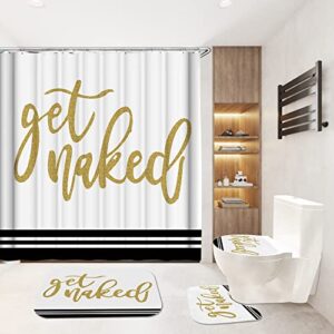 karlesi 4pcs shower curtain set with non-slip rug, toilet lid cover and bath mat, funny get naked shower curtain with 12 hooks for bathroom decoration