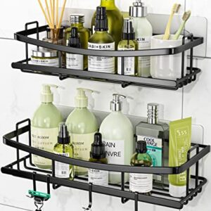 AUOTTO Shower Caddy Shower Organizer Adhesive Shower Shelf, Rustproof No Drilling SUS304 Stainless Steel for Bathroom Shower Storage Organization,2 Pack with 4 Hooks, Matte Black