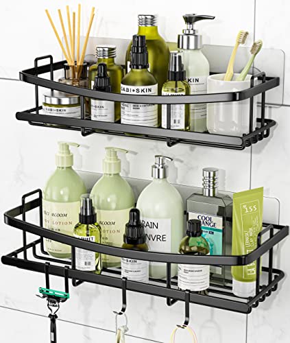 AUOTTO Shower Caddy Shower Organizer Adhesive Shower Shelf, Rustproof No Drilling SUS304 Stainless Steel for Bathroom Shower Storage Organization,2 Pack with 4 Hooks, Matte Black