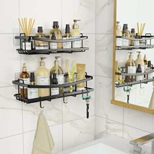 AUOTTO Shower Caddy Shower Organizer Adhesive Shower Shelf, Rustproof No Drilling SUS304 Stainless Steel for Bathroom Shower Storage Organization,2 Pack with 4 Hooks, Matte Black