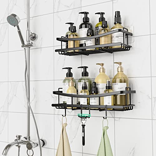 AUOTTO Shower Caddy Shower Organizer Adhesive Shower Shelf, Rustproof No Drilling SUS304 Stainless Steel for Bathroom Shower Storage Organization,2 Pack with 4 Hooks, Matte Black