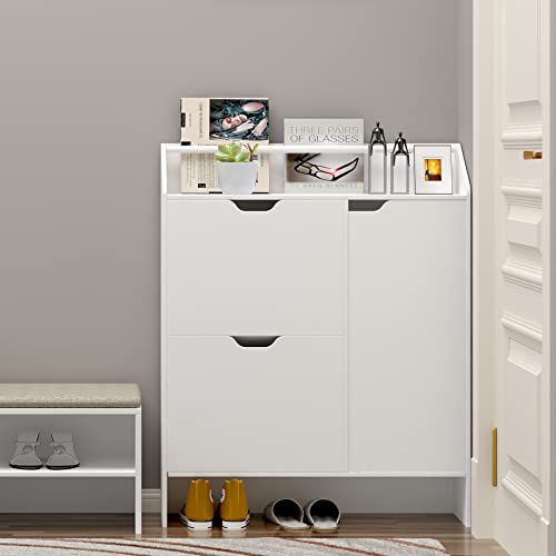 lesolar Shoe Cabinet with 2 Flip Drawers and Top Place Space, Freestanding Tipping Bucket Shoe Storage Cabinet, Shoe Rack Organizer for Entryway Hallway Bedroom Corridor Stairway, Write