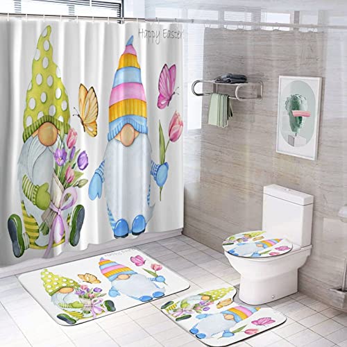 Spring Flowers. Cute Easter Gnomes. Bathroom 4 Sets Shower Curtain Decor with Rugs, Toilet Lid Cover and Bath Mat,12 Hooks