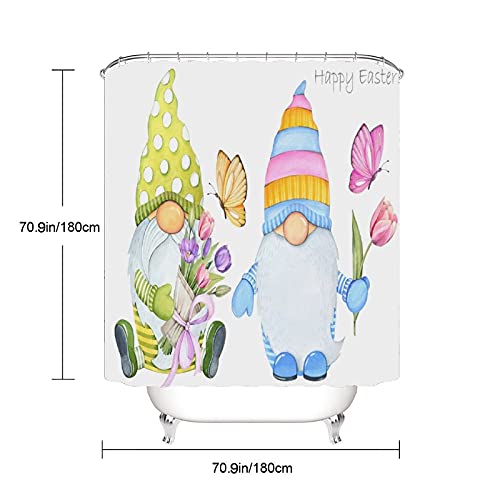 Spring Flowers. Cute Easter Gnomes. Bathroom 4 Sets Shower Curtain Decor with Rugs, Toilet Lid Cover and Bath Mat,12 Hooks