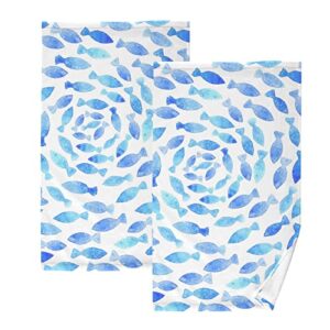 jucciaco blue watercolor fishes cotton towels for bathroom, soft absorbent hand towel set of 2 for gym yoga kitchen decorative, 16x28 inch
