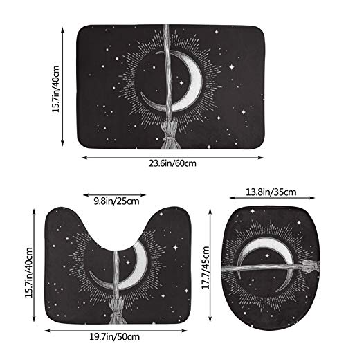 FORSJHSA Moon Stars Witch Bathroom Rugs Set 3 Piece Non Slip Bath Mat + U-Shaped Contour + Toilet Lid Cover Absorbent Bath Mat Set for Tub, Shower and Bathroom, One Size