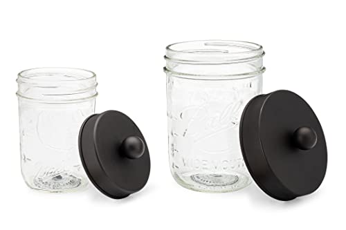 Jarmazing Products Apothecary Lid Storage Set with Ball Mason Jars - Farmhouse Home Decor for Vanity Organization - Luxury Bathroom, Kitchen and Office Accessories - Black - Two Pack