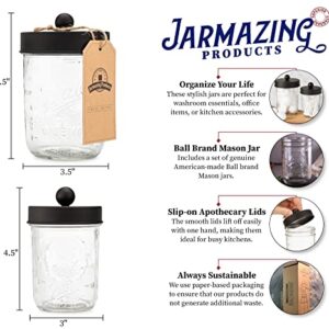 Jarmazing Products Apothecary Lid Storage Set with Ball Mason Jars - Farmhouse Home Decor for Vanity Organization - Luxury Bathroom, Kitchen and Office Accessories - Black - Two Pack