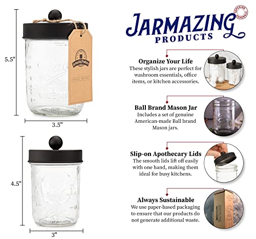 Jarmazing Products Apothecary Lid Storage Set with Ball Mason Jars - Farmhouse Home Decor for Vanity Organization - Luxury Bathroom, Kitchen and Office Accessories - Black - Two Pack