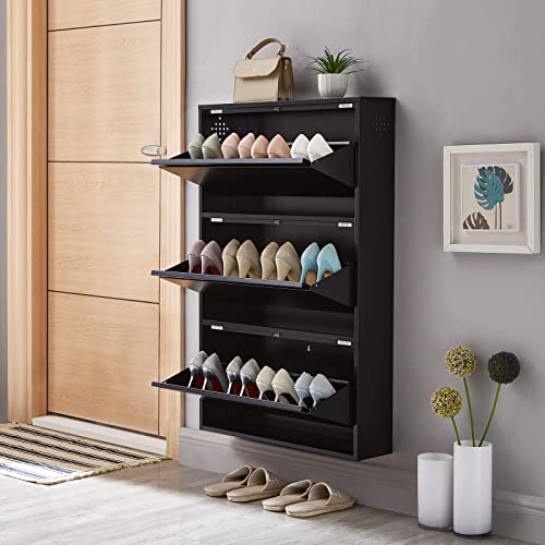 SPACEROCK 3 Drawer Shoe Storage Cabinet Wall Mounted & No-Assembly 25“ Metal Shoe Cabinet for Entryway, Hallway, and Corridor, Holds 12 Pair Shoes, Black