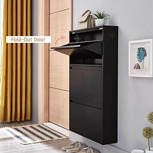 SPACEROCK 3 Drawer Shoe Storage Cabinet Wall Mounted & No-Assembly 25“ Metal Shoe Cabinet for Entryway, Hallway, and Corridor, Holds 12 Pair Shoes, Black