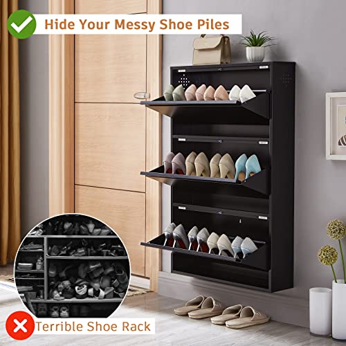 SPACEROCK 3 Drawer Shoe Storage Cabinet Wall Mounted & No-Assembly 25“ Metal Shoe Cabinet for Entryway, Hallway, and Corridor, Holds 12 Pair Shoes, Black