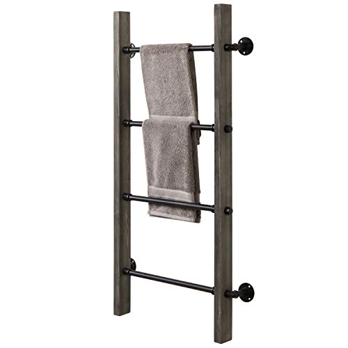 MyGift Wall Mounted Blanket Ladder Farmhouse Gray Wood and Industrial Metal Pipe Towel Hanging Rack