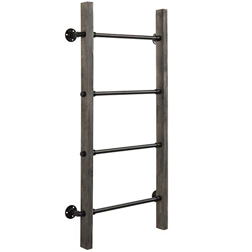 MyGift Wall Mounted Blanket Ladder Farmhouse Gray Wood and Industrial Metal Pipe Towel Hanging Rack