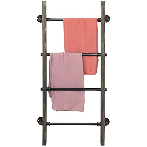 MyGift Wall Mounted Blanket Ladder Farmhouse Gray Wood and Industrial Metal Pipe Towel Hanging Rack