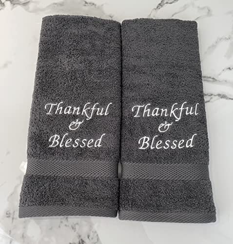 Liberty21 Embroidered Hand Towels with Inspirational Message: Thankful & Blessed (1 Set of 2 Hand Towels) for Bathroom, Kitchen or Spa. (Dark Grey)